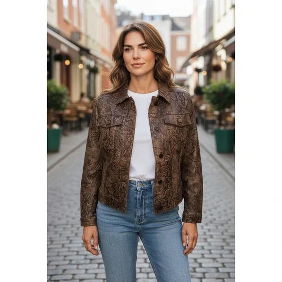 WHITE HOUSE BLACK MARKET Snake Print Denim Jacket Women's Size Small - Picture 1 of 7